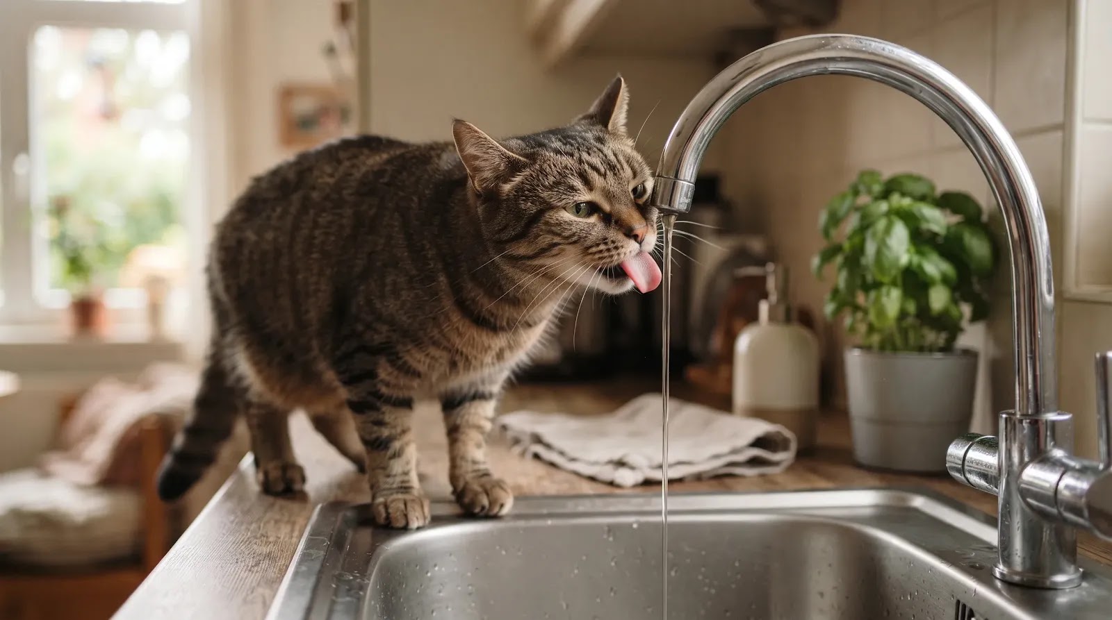 Cat Drinking From a Running Faucet Relaxed cat drinking from a gently running household faucet