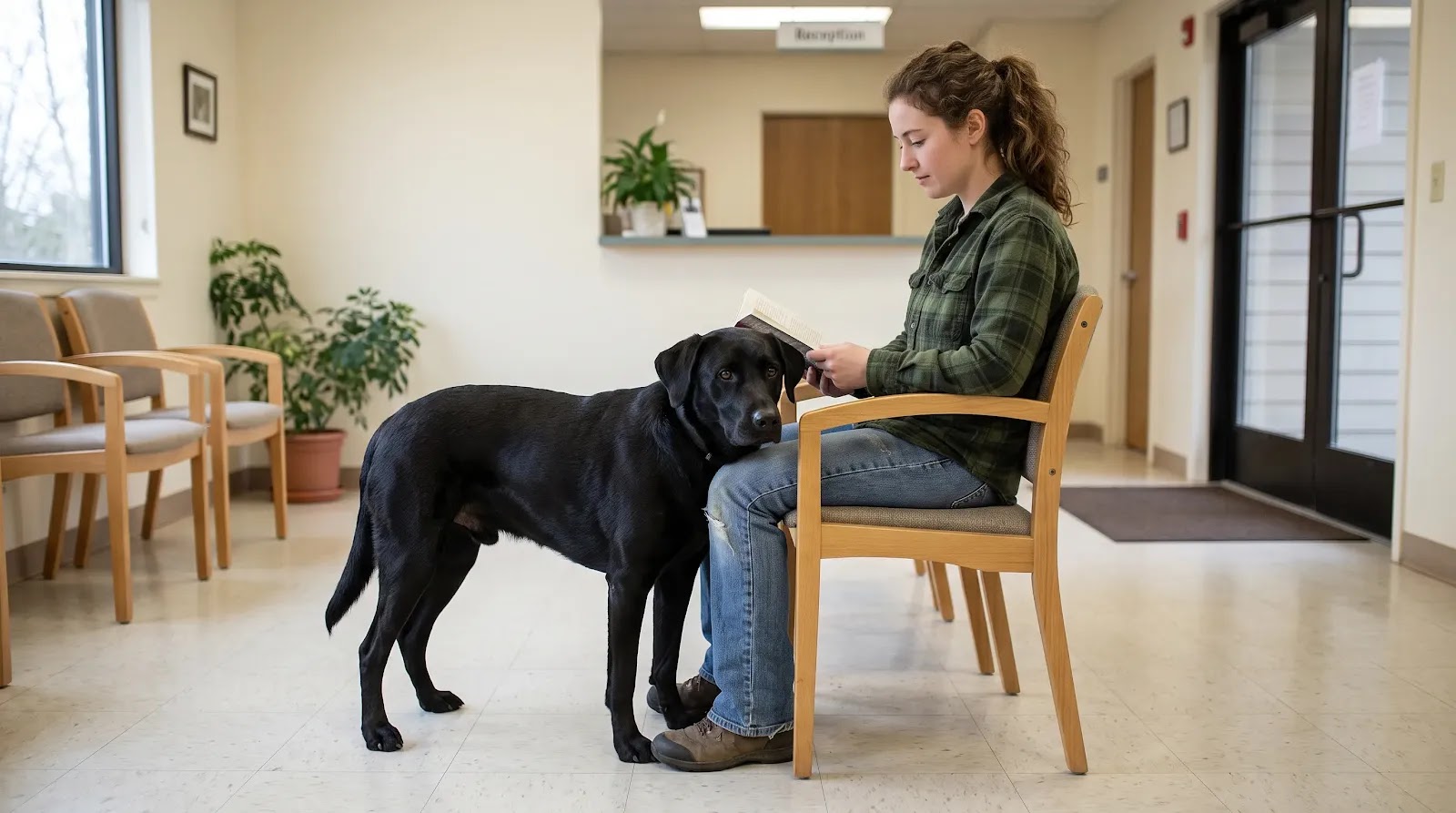Dog Seeking Proximity in an Unfamiliar Setting Dog standing close to its owner with cautious body language in an unfamiliar setting