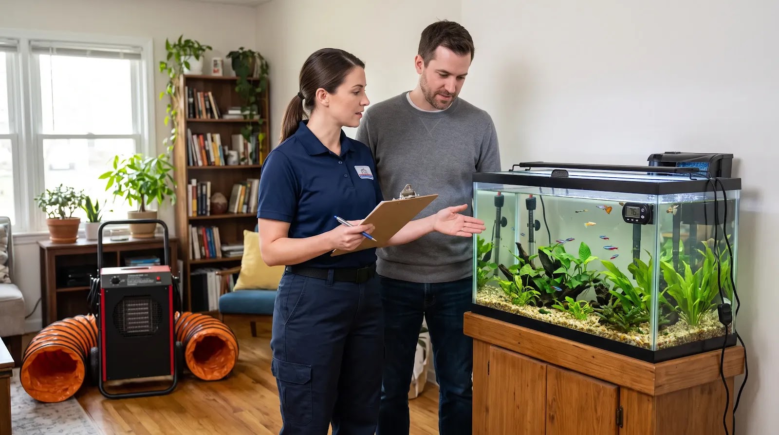 Planning Bed Bug Heat Treatment Around an Aquarium Homeowner and pest-control technician planning around a freshwater aquarium before bed bug heat treatment