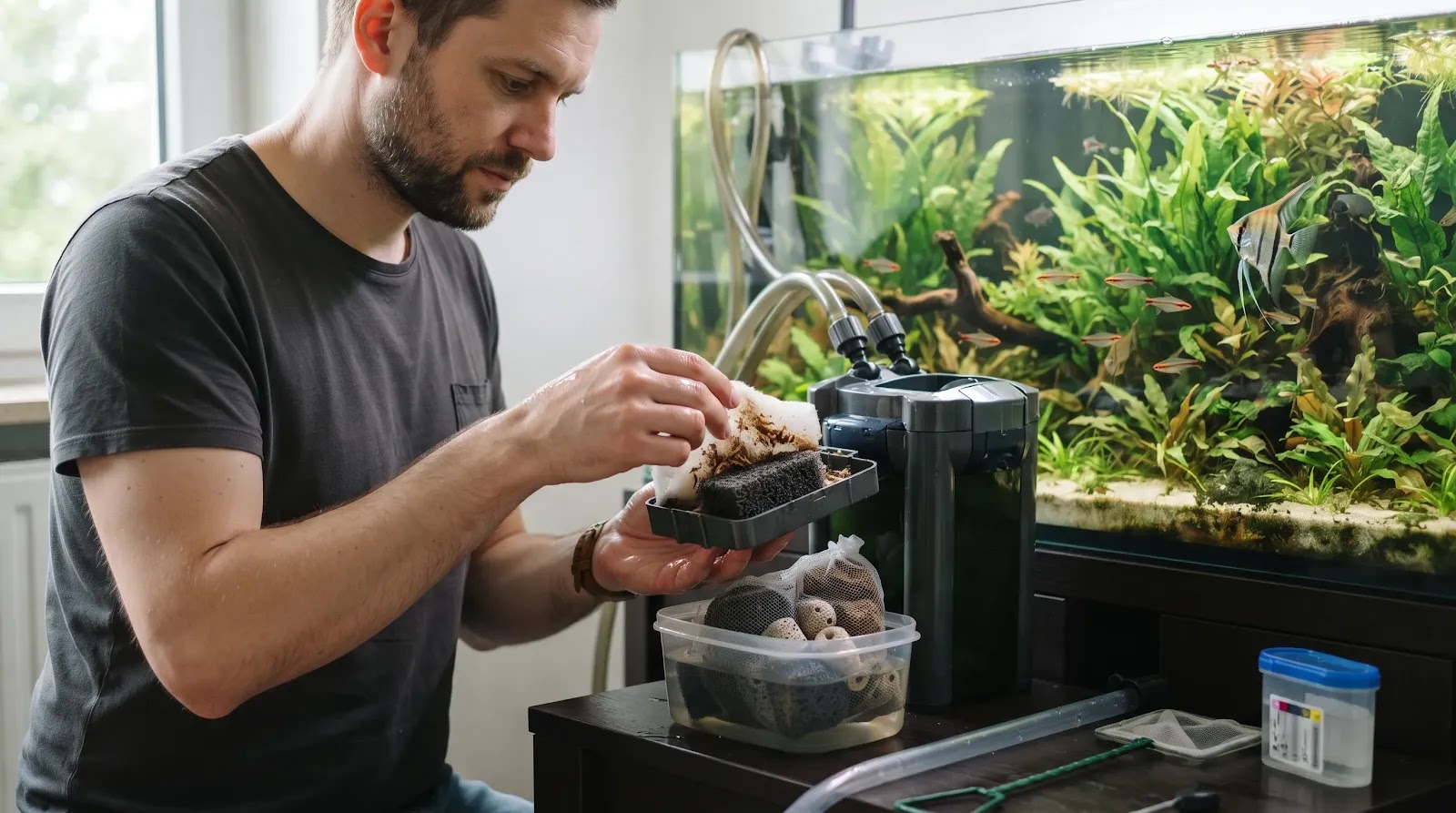 Protecting Aquarium Biological Filter Media Aquarist keeping established filter media wet while checking a freshwater aquarium filter