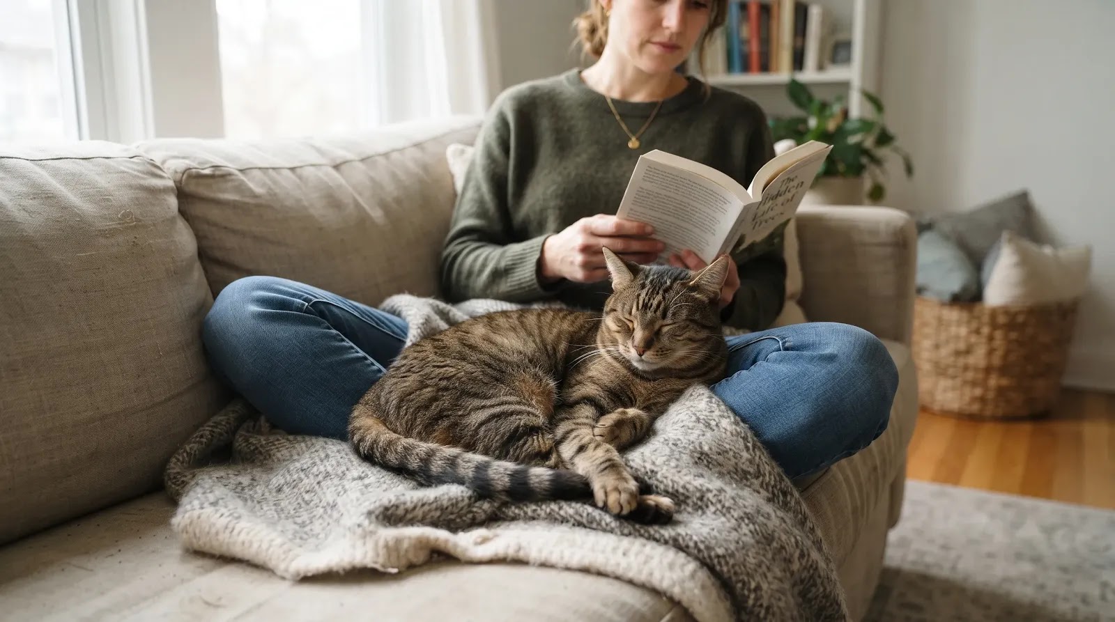 Relaxed Cat Resting Close to Its Owner Relaxed cat curled between a seated owner's legs while resting on a blanket