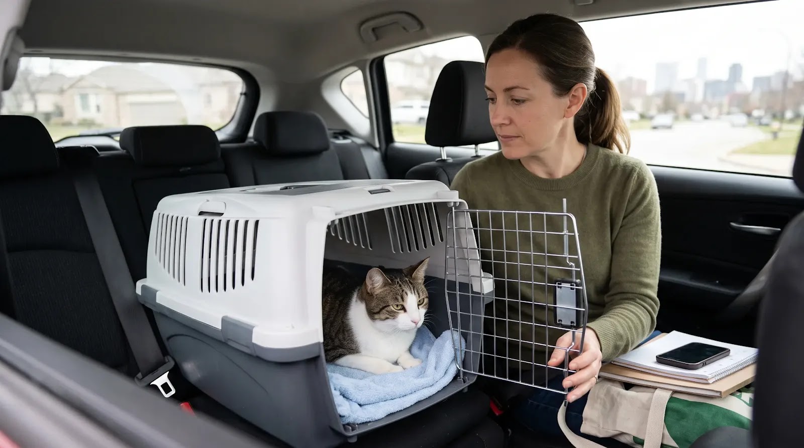Transporting a Cat After Initial Cooling Cat resting in a ventilated carrier after cooling while its owner prepares for emergency veterinary transport