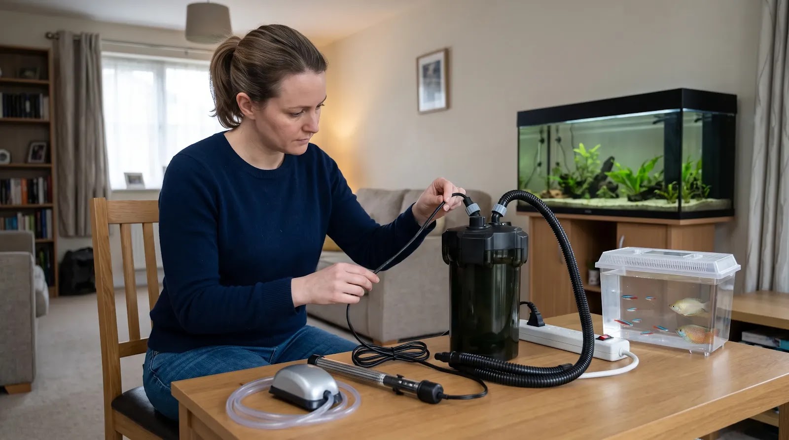 Checking Aquarium Equipment After Heat Treatment Owner inspecting aquarium equipment after a bed bug heat-treated room has cooled