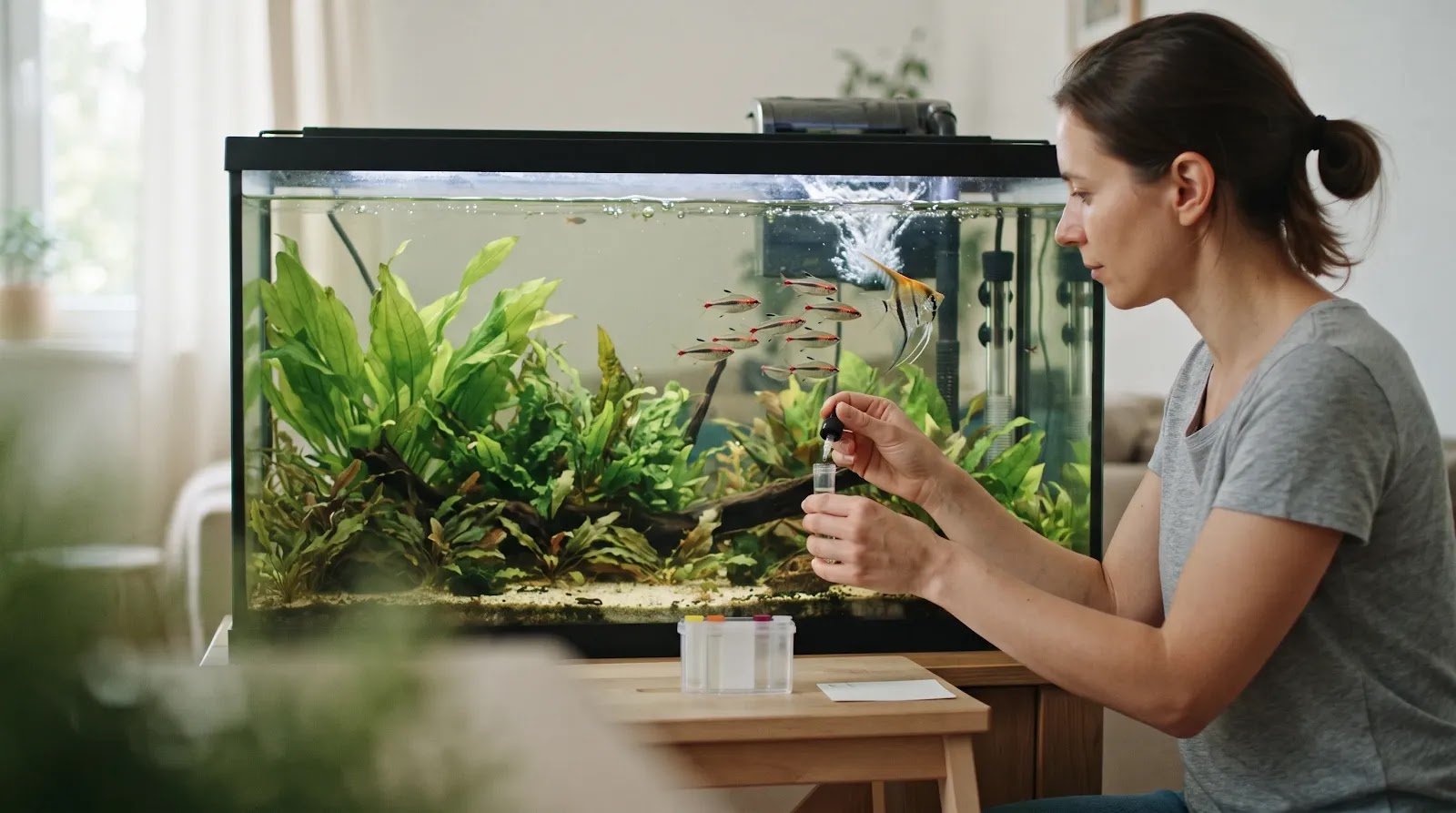 Checking an Aquarium During a Nitrite Spike Aquarist testing freshwater aquarium water while fish gather near the filter outflow