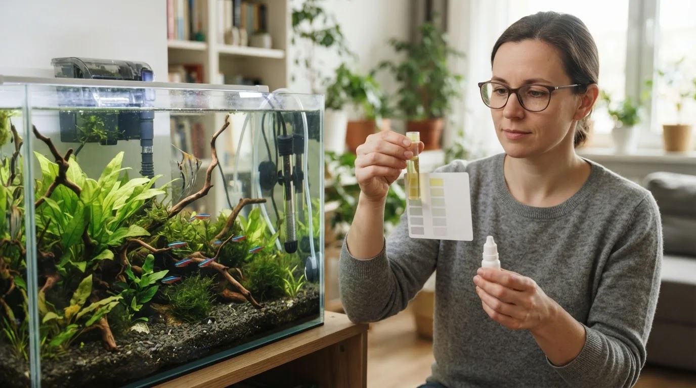 Aquarist checking a freshwater aquarium water sample with a pH test kit