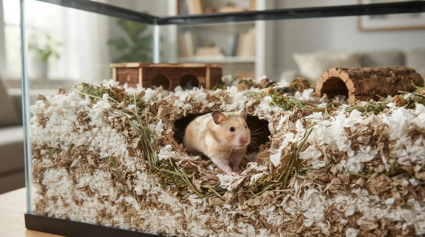 Hamster Burrowing in Deep Paper Bedding Syrian hamster emerging from a deep burrow in plain paper bedding