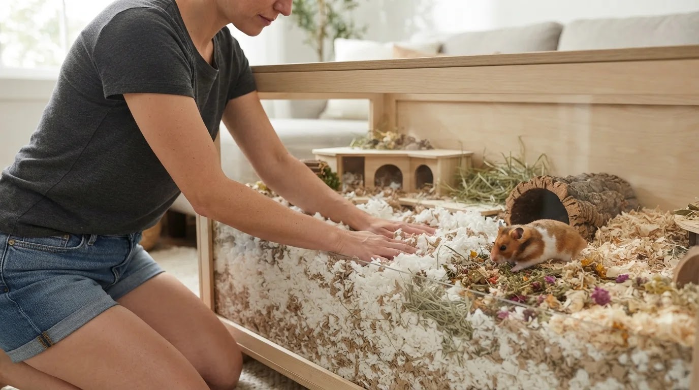 Preparing Deep Hamster Bedding for Burrowing Owner arranging a deep layer of paper bedding in a hamster enclosure