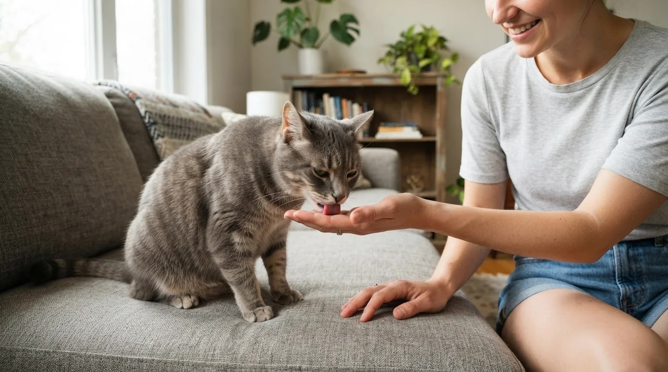Cat Gently Licking Its Owner's Hand Relaxed cat gently licking a person's hand while sitting beside them on a couch
