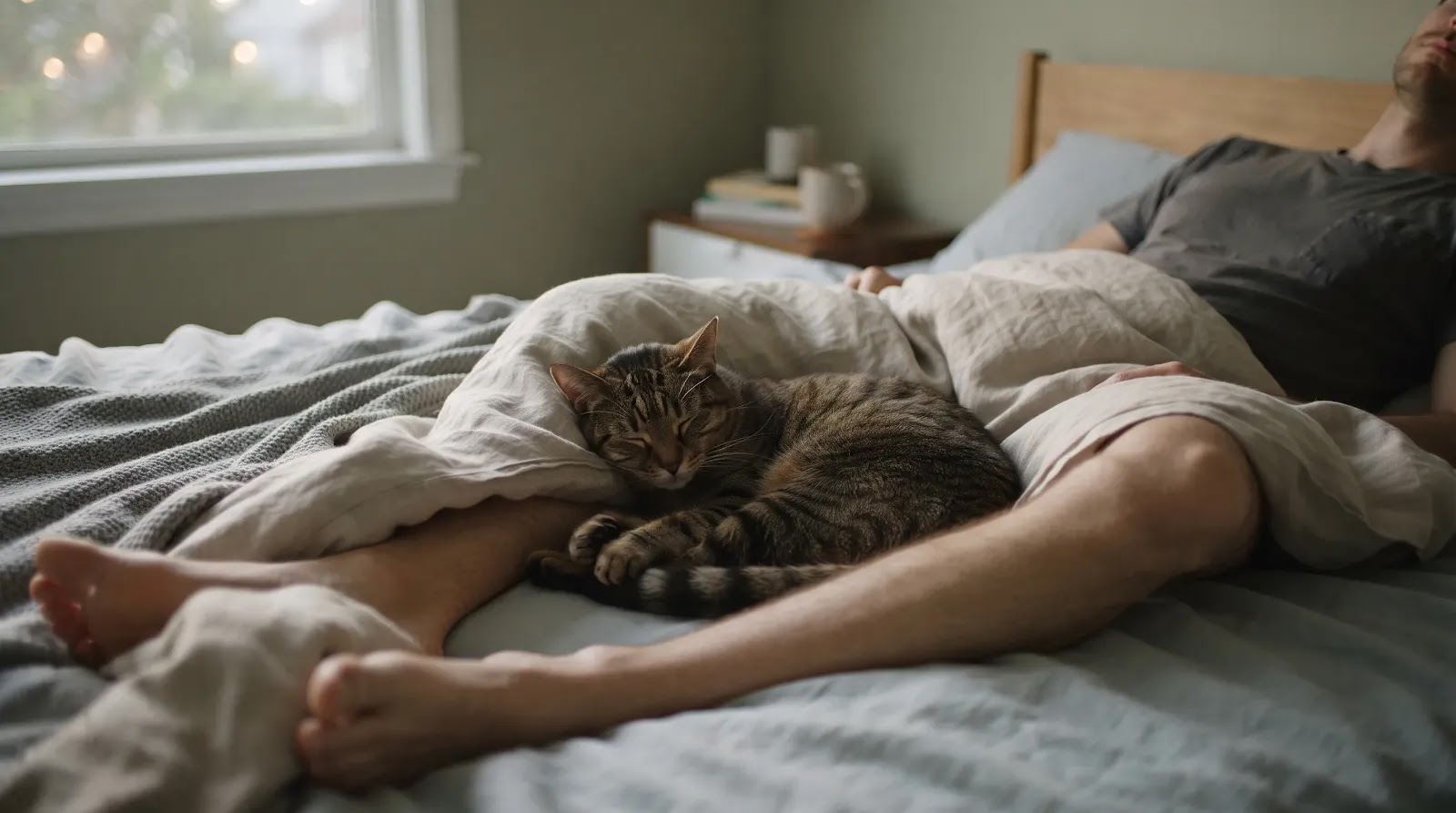 Cat Sleeping Between Its Owner’s Legs Relaxed cat sleeping between its owner's legs on a bed