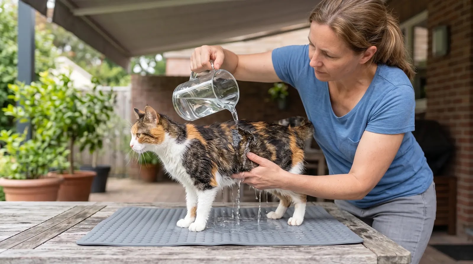 Safe Cooling for an Overheated Cat Owner applying cool running water to an overheated cat's trunk while avoiding the face