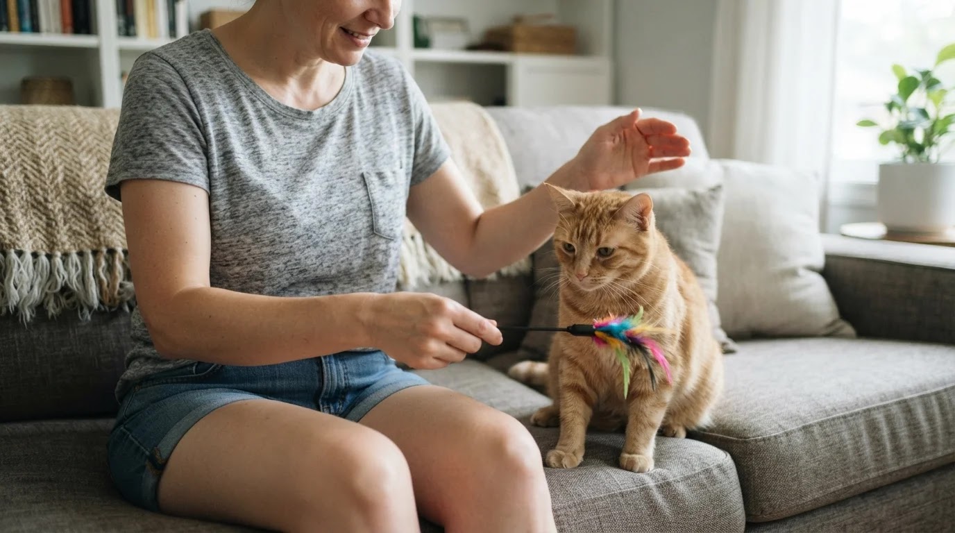 Gently Redirecting a Cat From Licking Owner calmly redirecting a relaxed cat from hand licking toward play