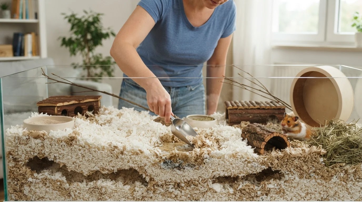 Spot Cleaning Hamster Paper Bedding Owner removing a small soiled area from deep light-colored hamster bedding