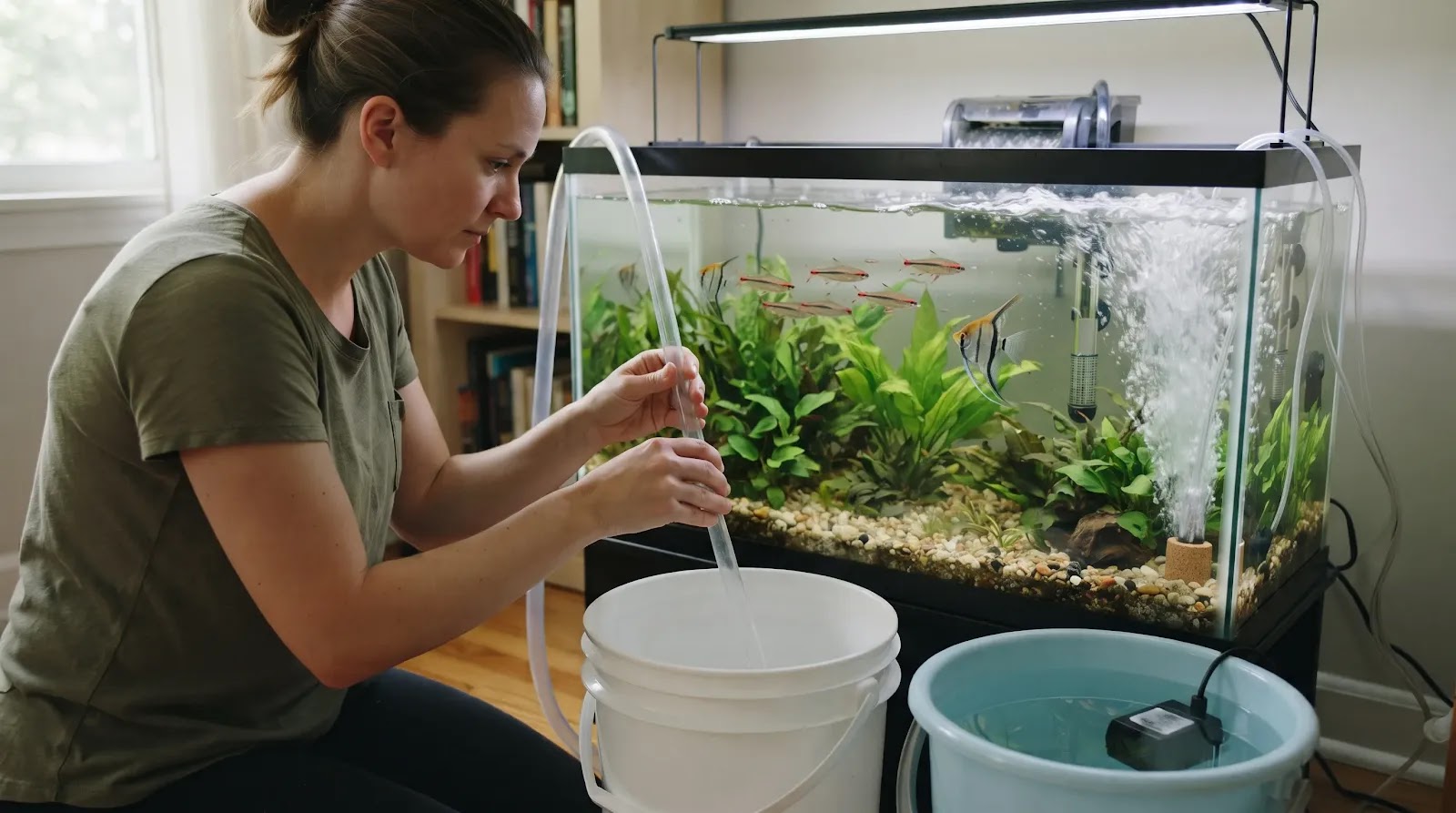 Emergency Water Change and Aeration Aquarist performing a partial water change while an air stone increases aquarium aeration