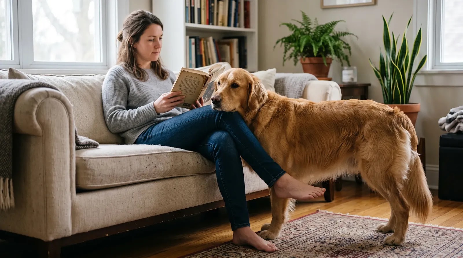 Dog Gently Leaning Against Its Owner Relaxed dog gently leaning its side against its owner's leg at home