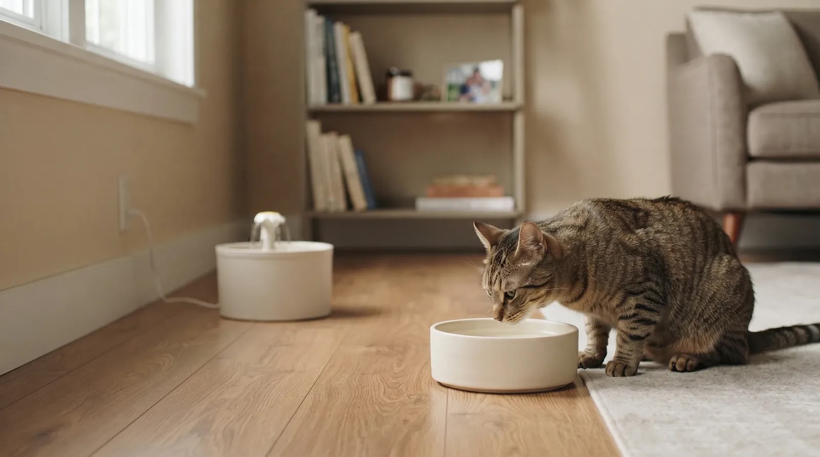 Giving a Cat Different Water Choices Cat approaching a wide water bowl with another drinking source available nearby
