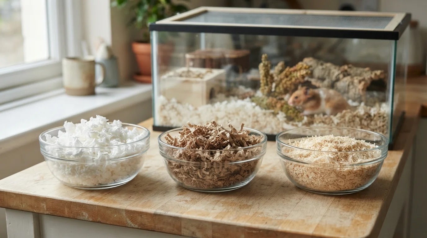 Comparing Hamster Bedding Materials Paper bedding and aspen shavings displayed beside a hamster enclosure
