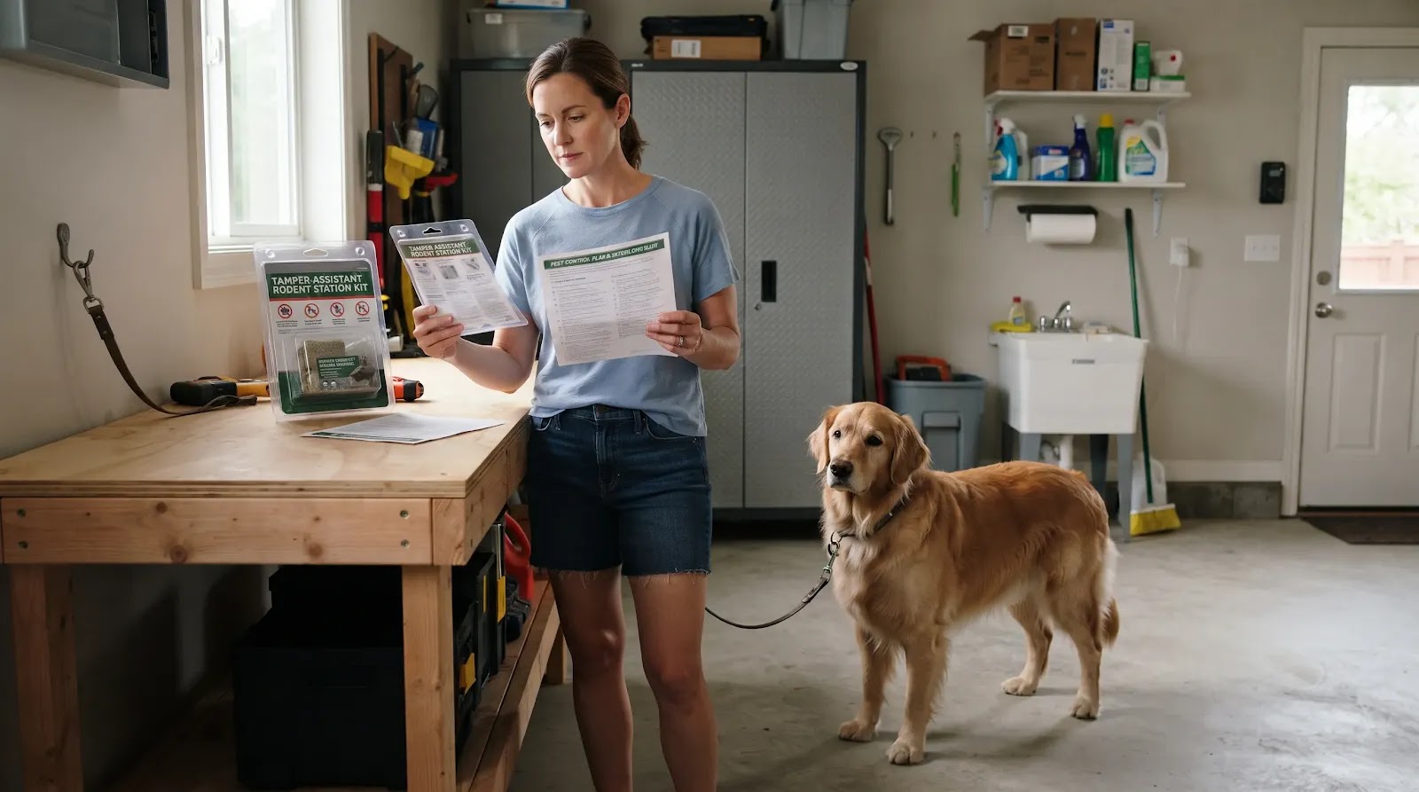 Rodent Poison Safety in a Dog Home Dog kept away while its owner reviews a sealed rodent-control product