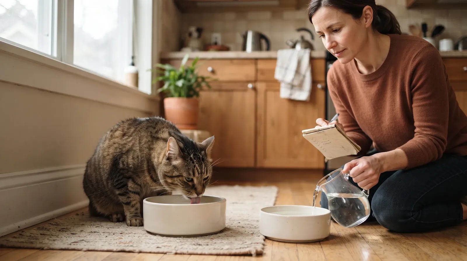 Monitoring a Cat’s Drinking Routine Cat drinking from a clean bowl while its owner refreshes another water source