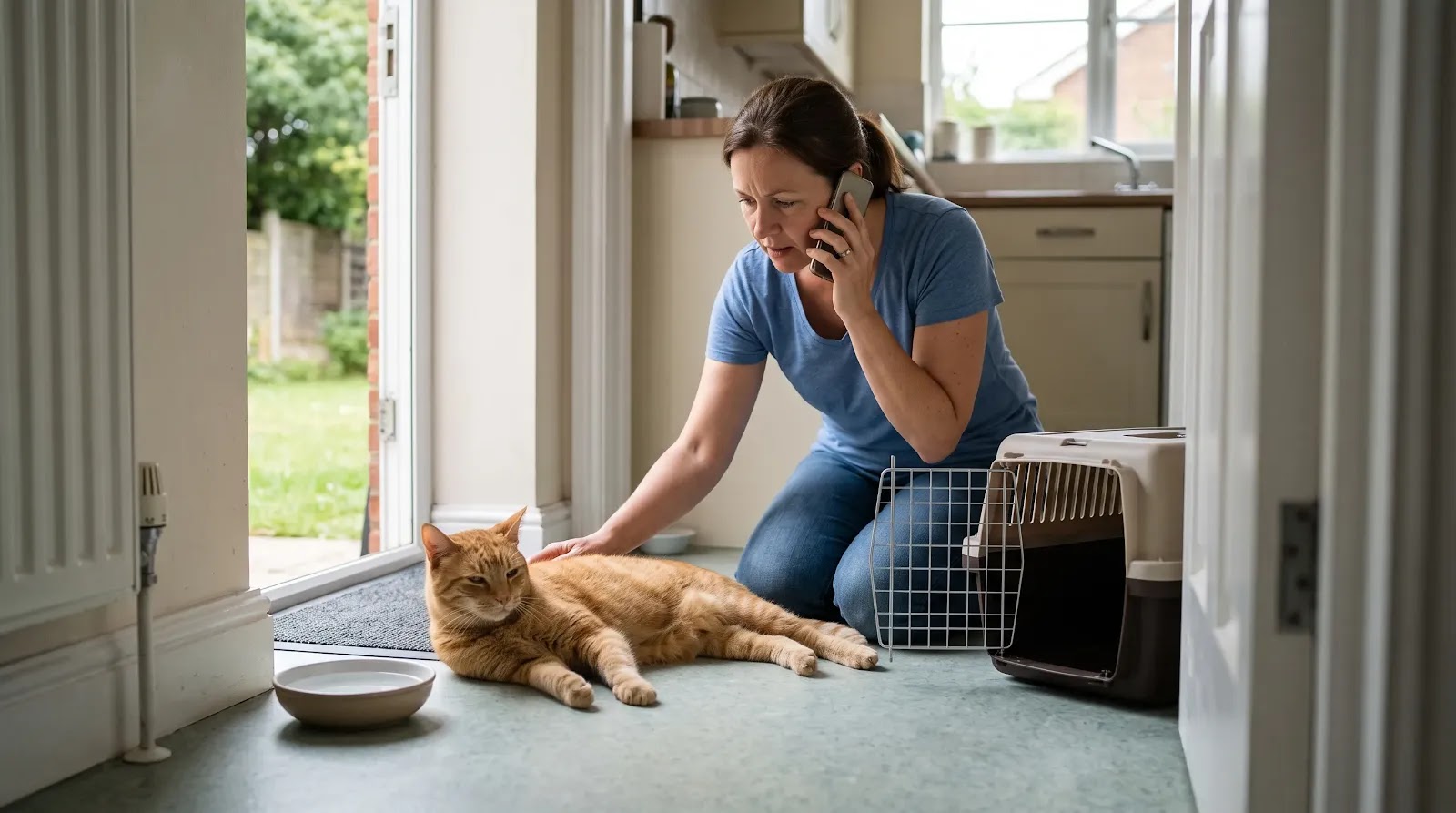 Cat Heat Emergency Response Cat resting in a cool indoor area while its owner contacts an emergency veterinarian