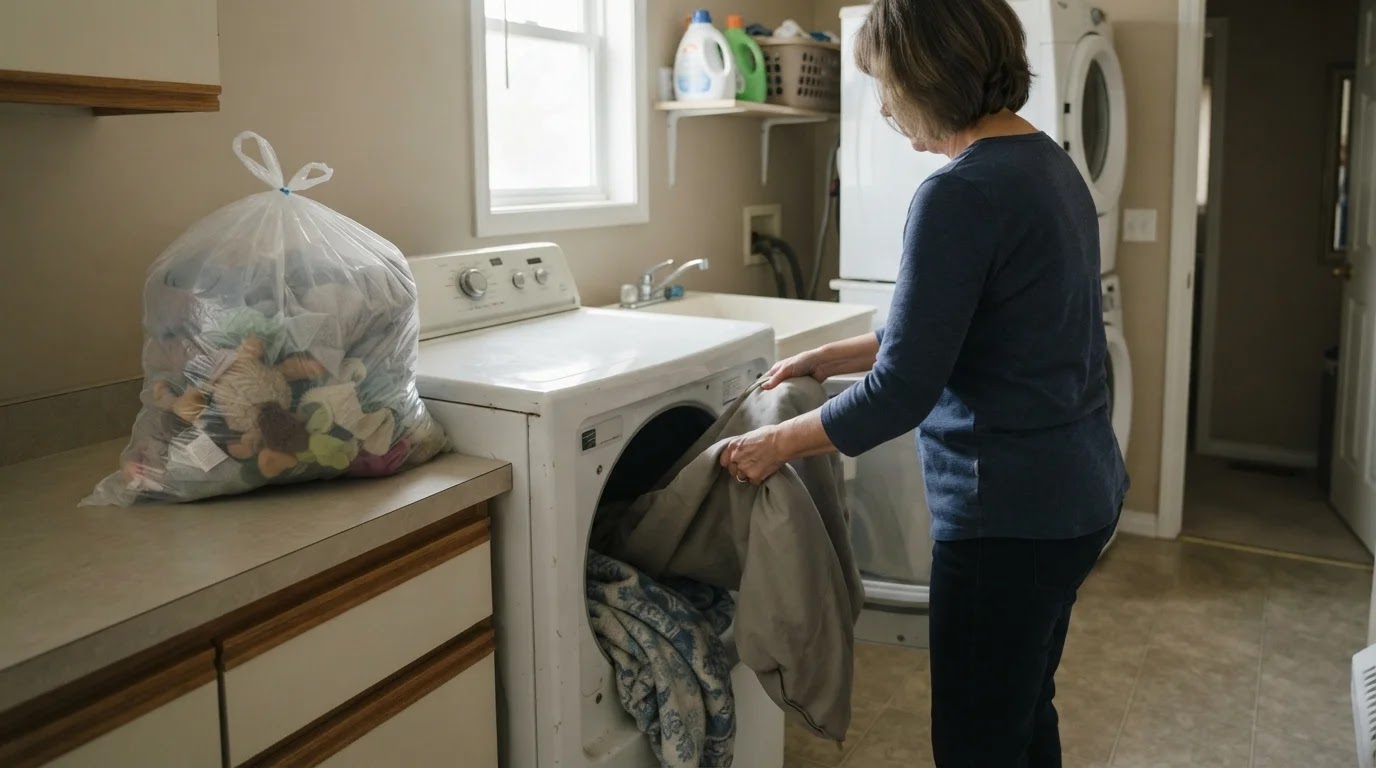 Preparing Dog Bedding for Bed Bug Control Owner placing washable dog bedding into a dryer while exposed fabrics stay contained