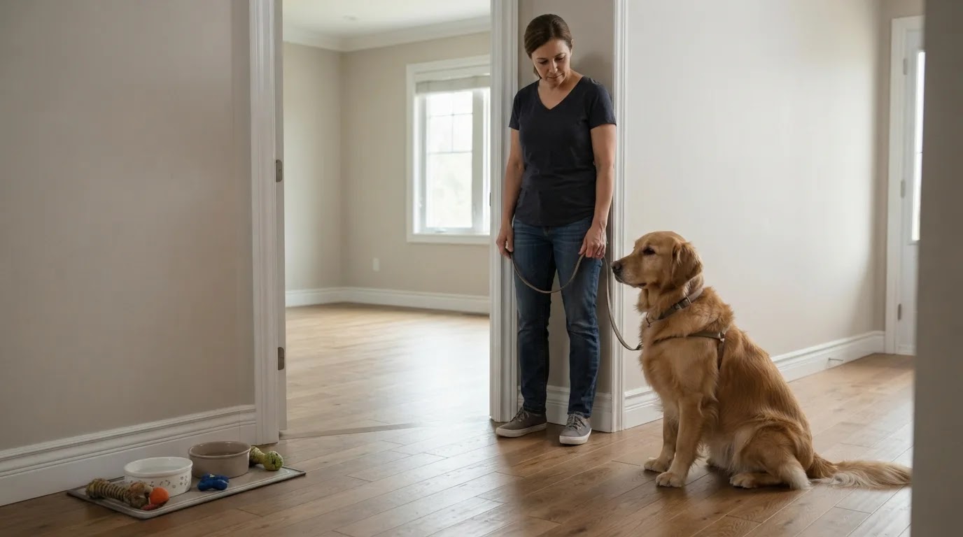 Checking a Room Before Dog Re-Entry Dog waiting outside while its owner checks a treated room before re-entry