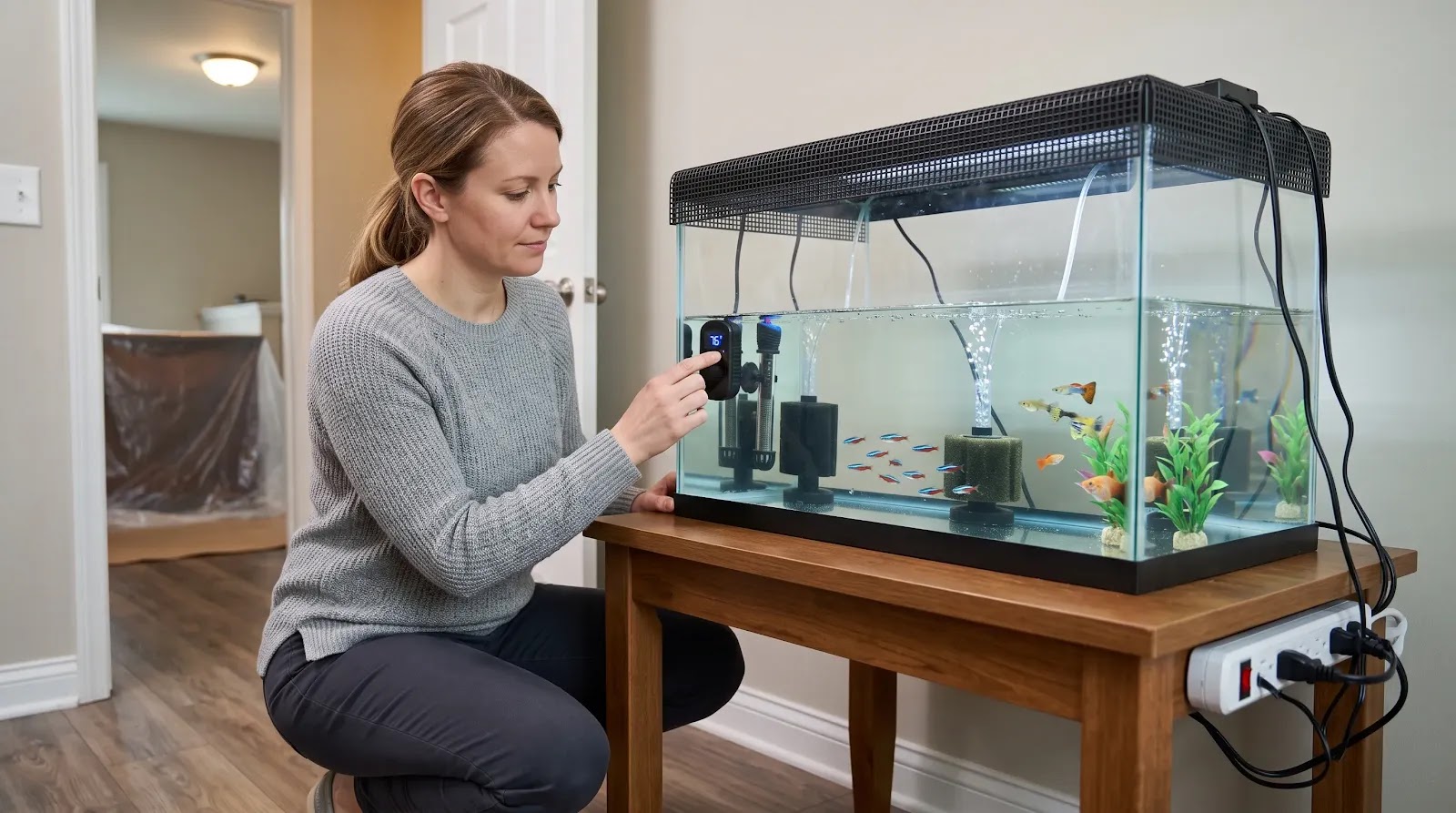 Temporary Aquarium Setup During Heat Treatment Freshwater fish in a temporary filtered and aerated setup outside the heat-treatment area