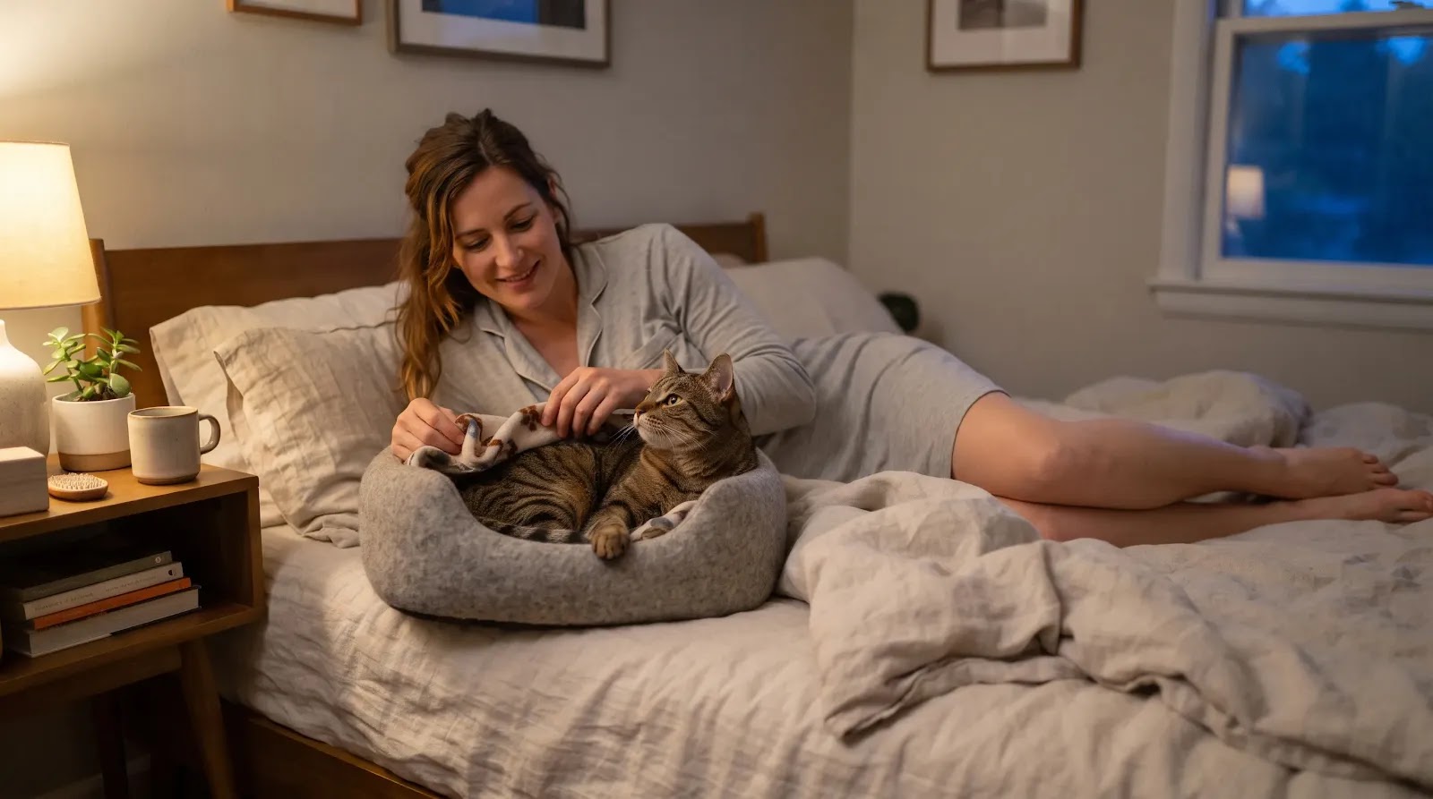Giving a Cat an Alternative Sleeping Spot Cat settling into a soft bed beside its owner as an alternative sleeping spot
