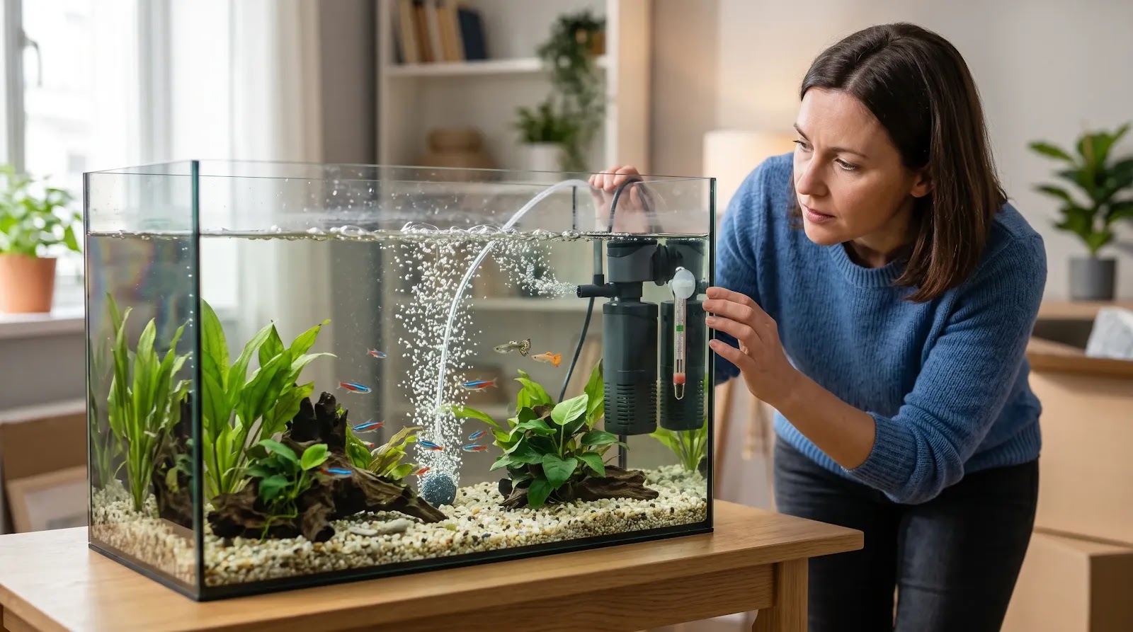 Maintaining Oxygen and Temperature During Temporary Relocation Temporary freshwater aquarium with aeration, filtration, and temperature monitoring