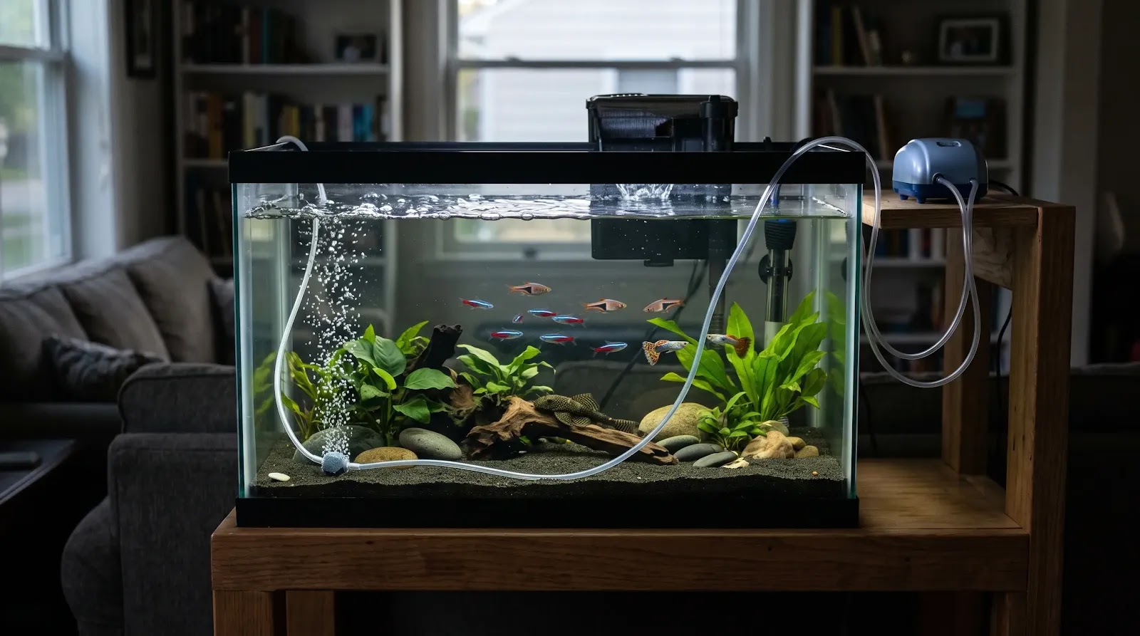Aquarium Power Outage With Emergency Aeration Aquarium during a power outage with a battery air pump providing emergency surface agitation