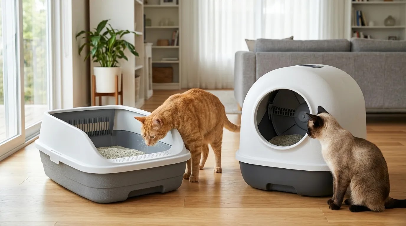 Open-Top vs Enclosed Automatic Litter Boxes Cats comparing generic open-top and enclosed automatic litter box designs