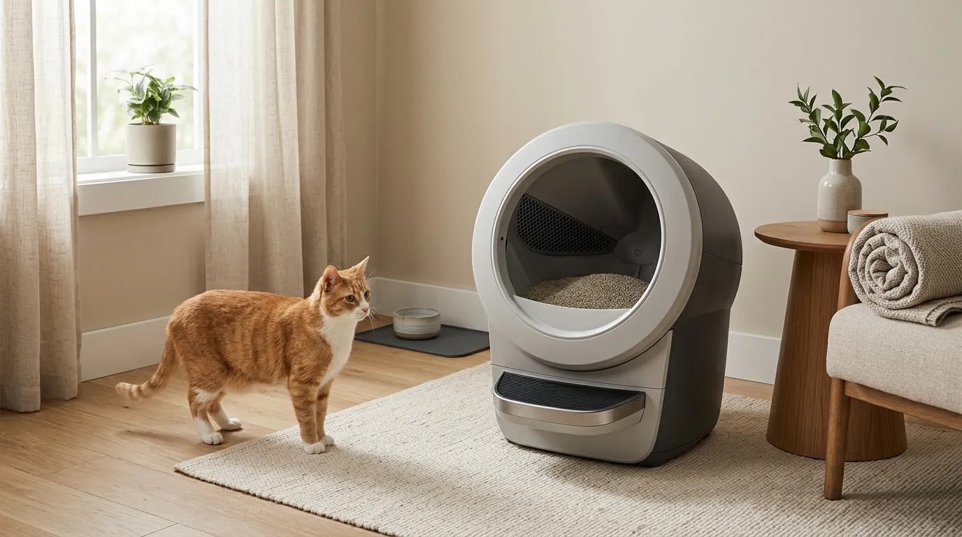 Automatic Self-Cleaning Litter Box in a Modern Cat Home Adult cat beside a generic automatic self-cleaning litter box in a home