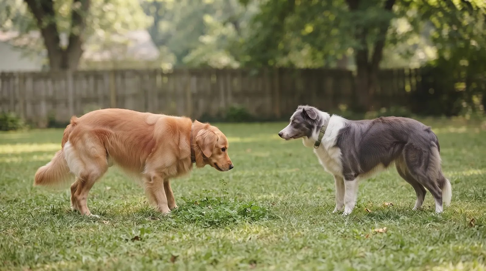 Natural Pause During Healthy Dog Play Two dogs pausing with relaxed body language before deciding whether to resume play