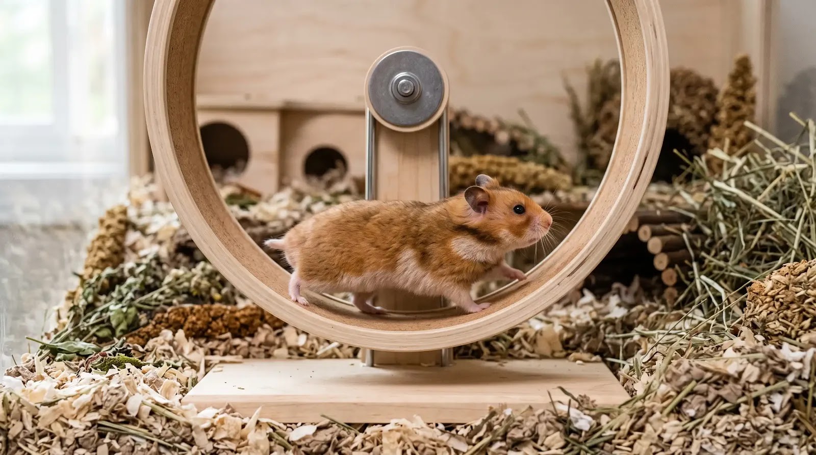 Correct Hamster Wheel Running Posture Syrian hamster running with a straight back on a correctly sized solid wheel