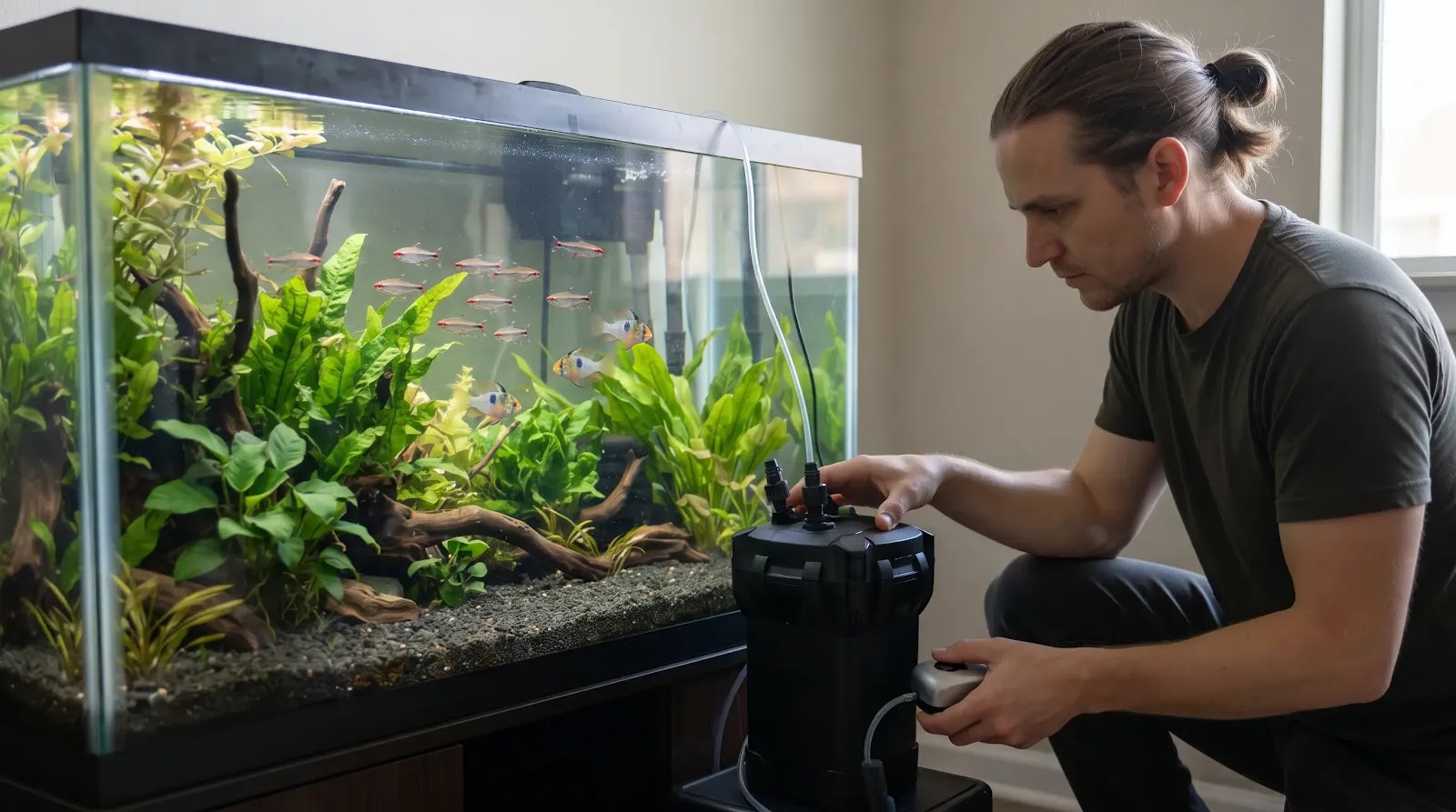 Aquarium Filter Failure Overnight Aquarist checking a stopped aquarium filter while preparing emergency aeration
