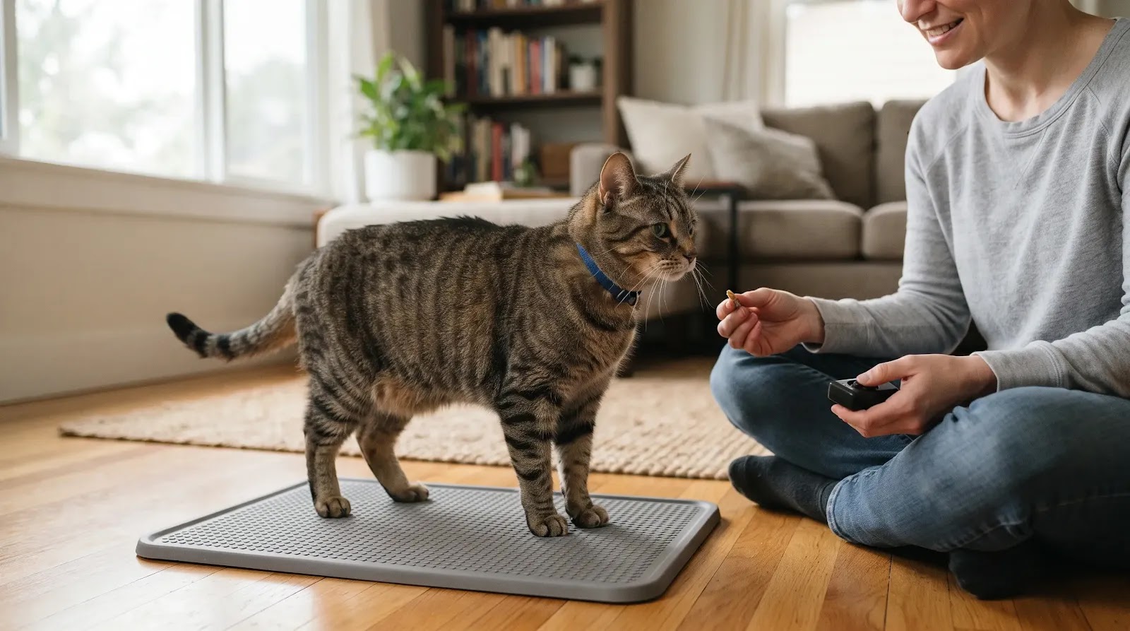 Cat Learning a Place Mat Behavior Cat voluntarily standing on a nonslip mat during positive reinforcement training