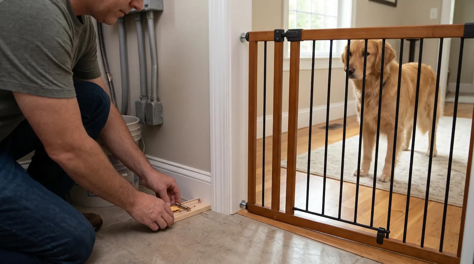 Mouse Trap Trigger Placement Away From Dogs Snap trap positioned against a wall inside an area a dog cannot access