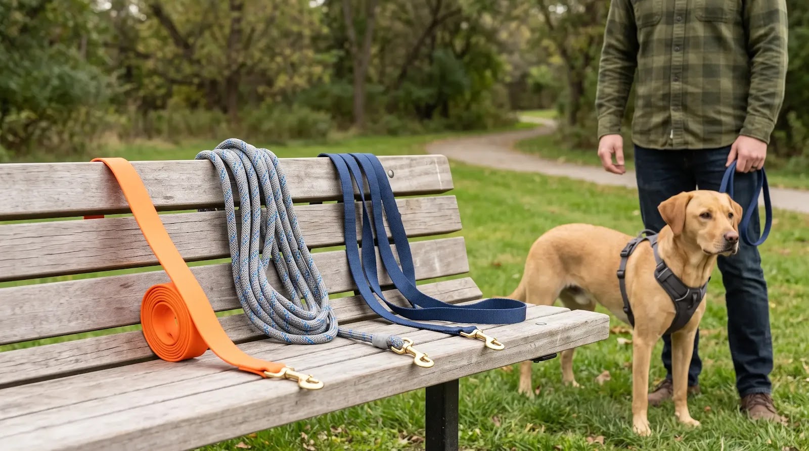 BioThane, Rope, and Nylon Long-Line Materials Three long-line leash materials compared beside a dog wearing a training harness