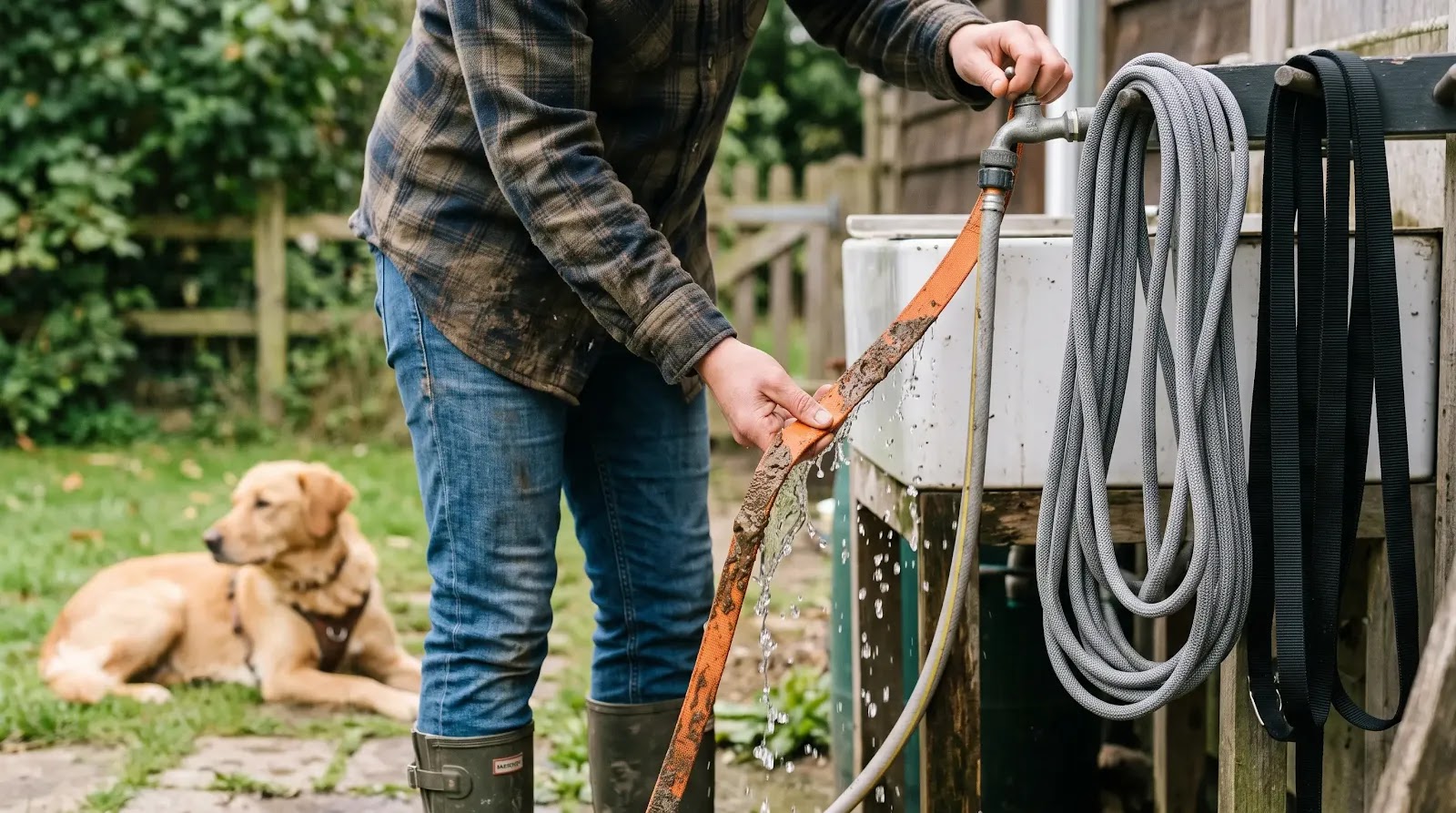Cleaning a Long-Line Leash After Outdoor Training Owner rinsing a muddy waterproof long line after dog recall training