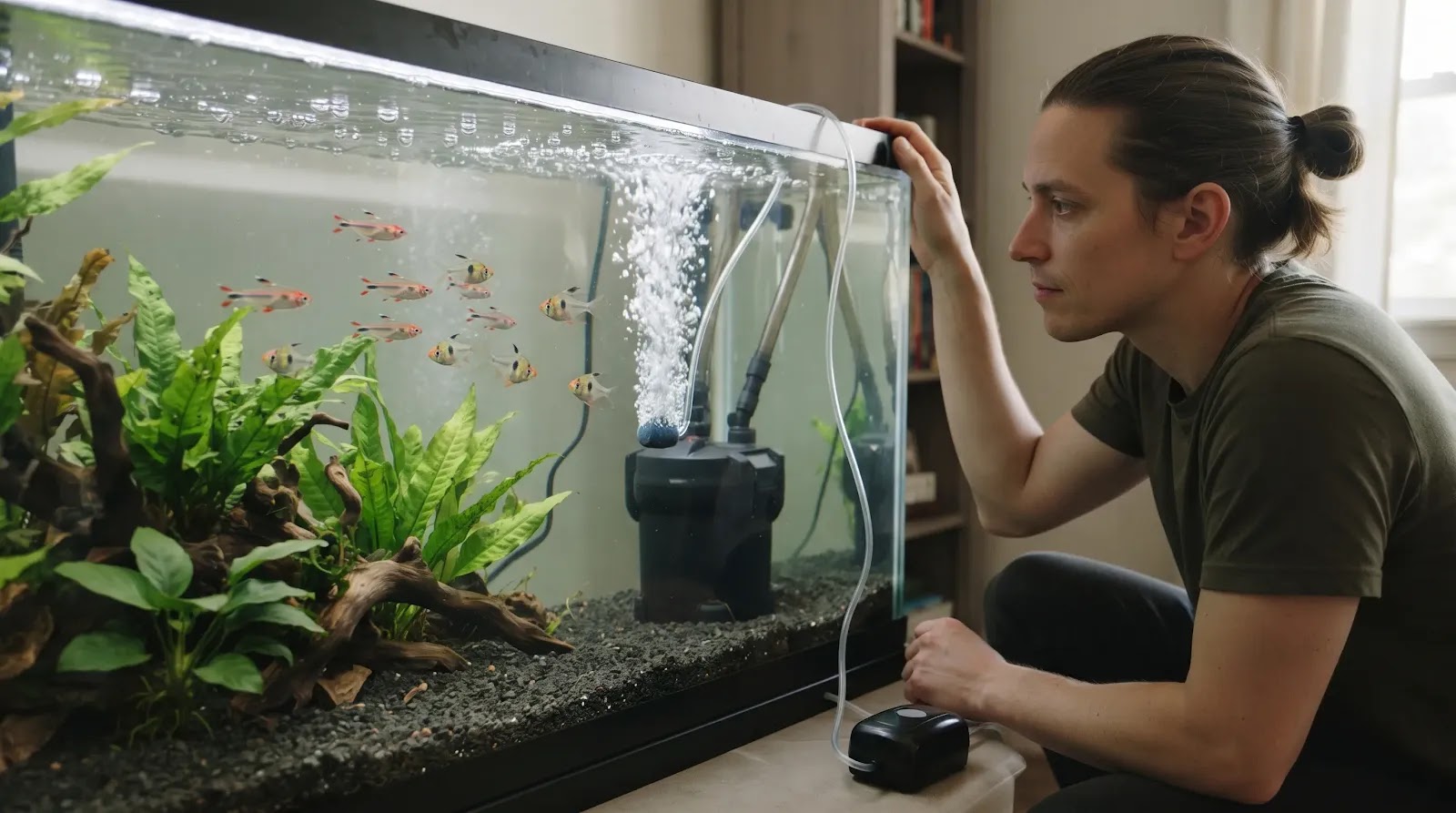 Emergency Aeration After Aquarium Filter Failure Air stone creating surface agitation in an aquarium while the main filter is offline