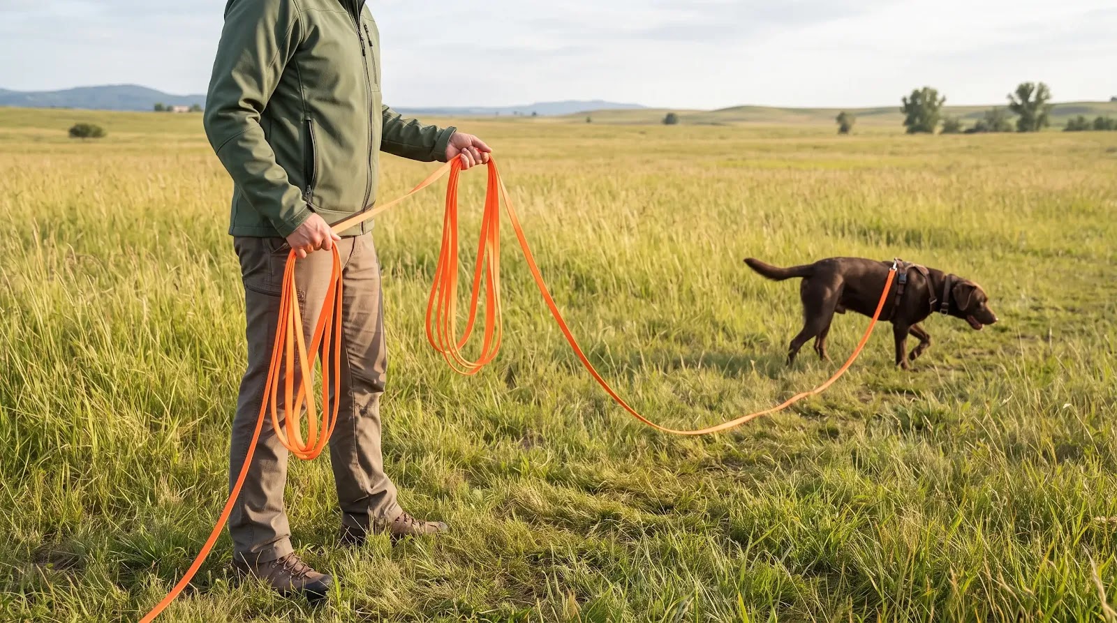 Safe Long-Line Handling During Recall Training Handler safely managing loose folds of a long leash while a harnessed dog explores