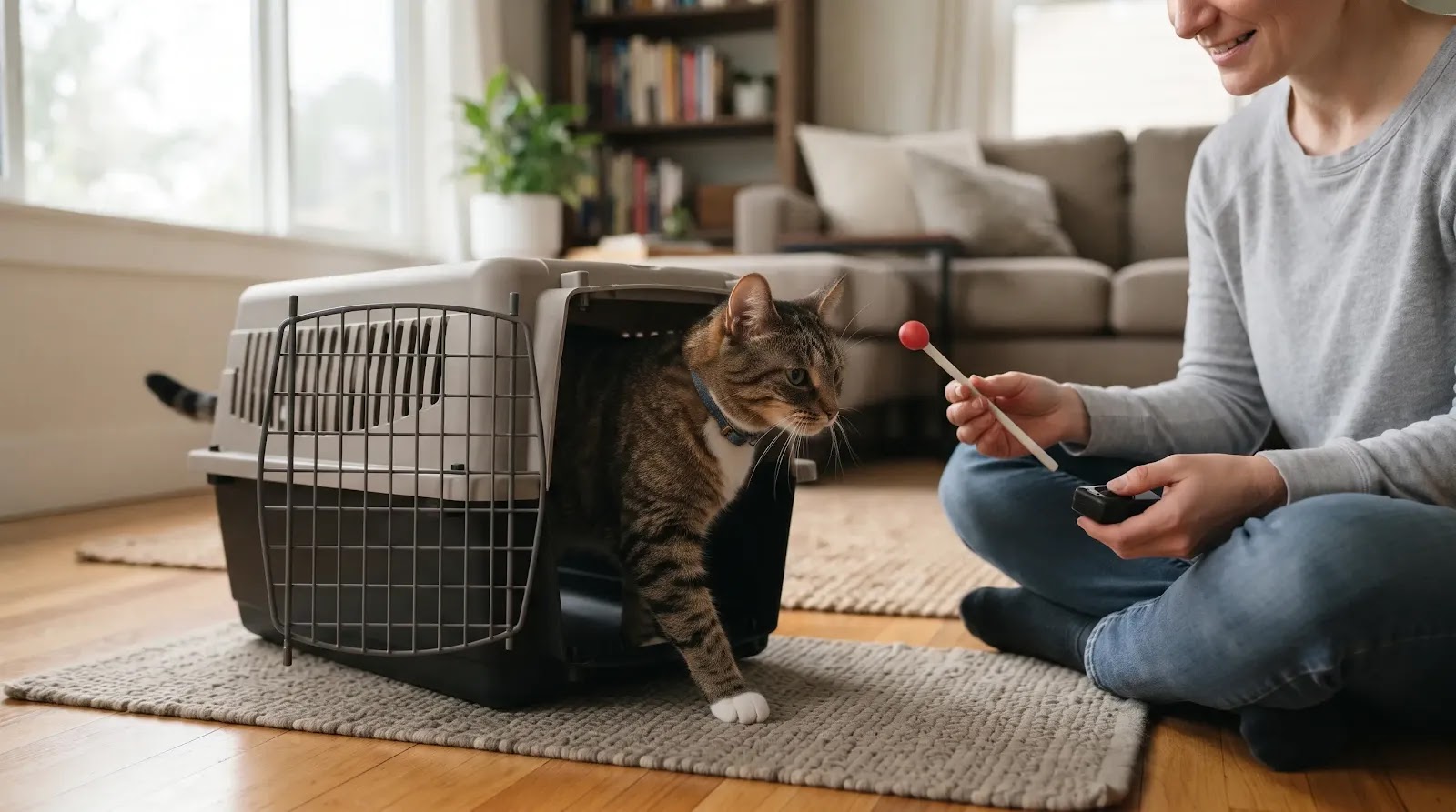 Clicker Training a Cat to Enter a Carrier Cat voluntarily stepping into an open carrier during clicker training