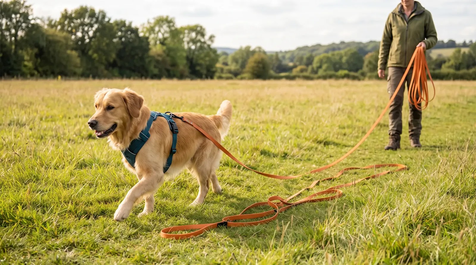 Dog Recall Training With a Long-Line Leash Dog practicing recall on a long line attached to a back-clip harness in an open field