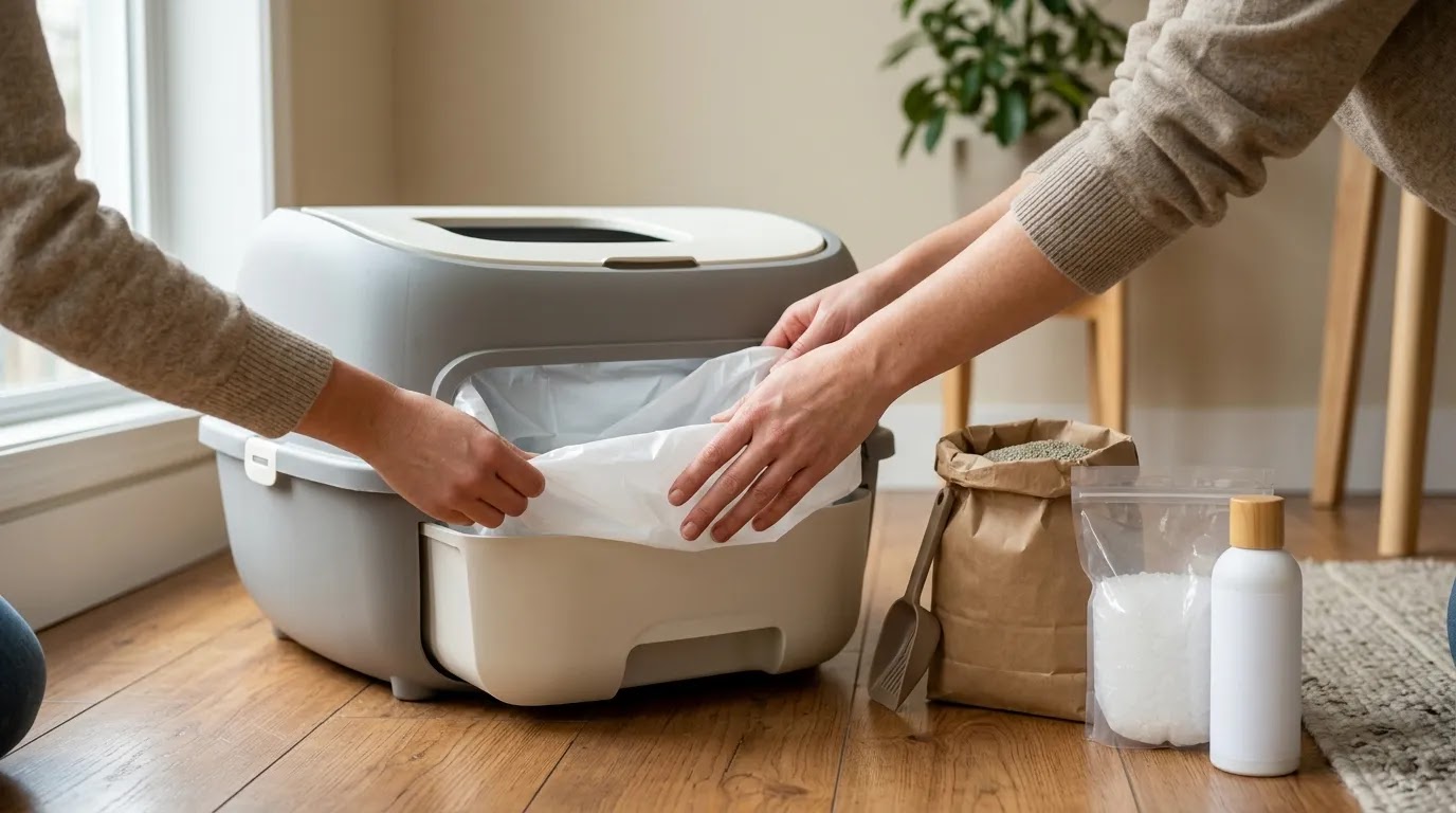Automatic Litter Box Maintenance and Refills Owner replacing a waste liner in an automatic litter box beside clumping litter supplies