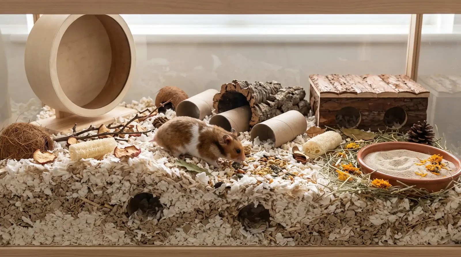 Hamster Wheel as Part of a Complete Enriched Habitat Hamster exploring an enriched enclosure with deep bedding, hides, foraging areas, and a large wheel