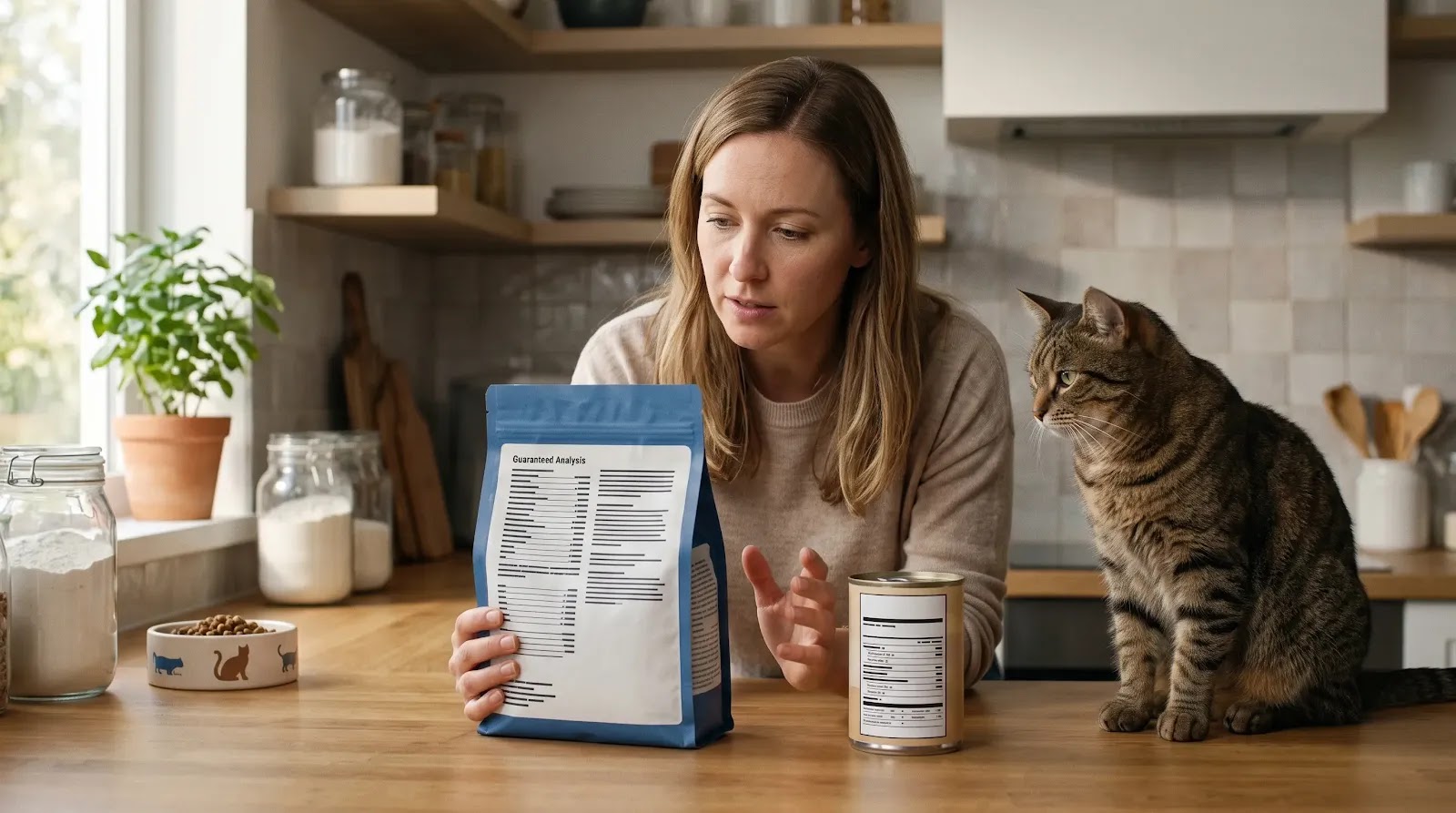 Old and New Cat Food Label Formats Cat owner comparing two cat food packages with different nutrition panel layouts