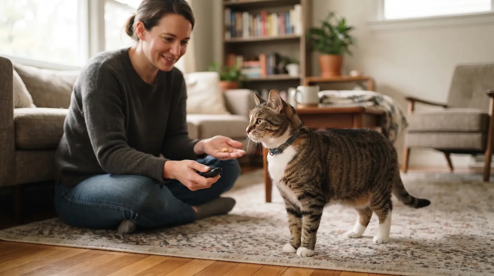 Beginner Clicker Training With a Cat Relaxed cat participating in a positive clicker training session with its owner
