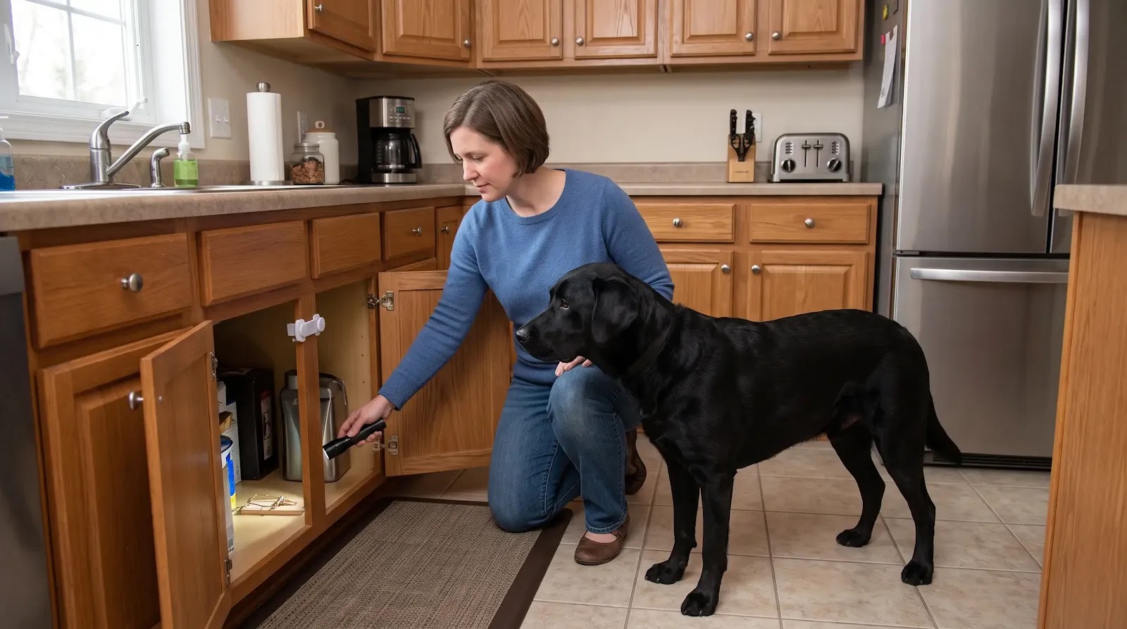 Safer Mouse Trap Placement in a Dog Home Dog kept away from a mouse trap positioned behind a secure household barrier
