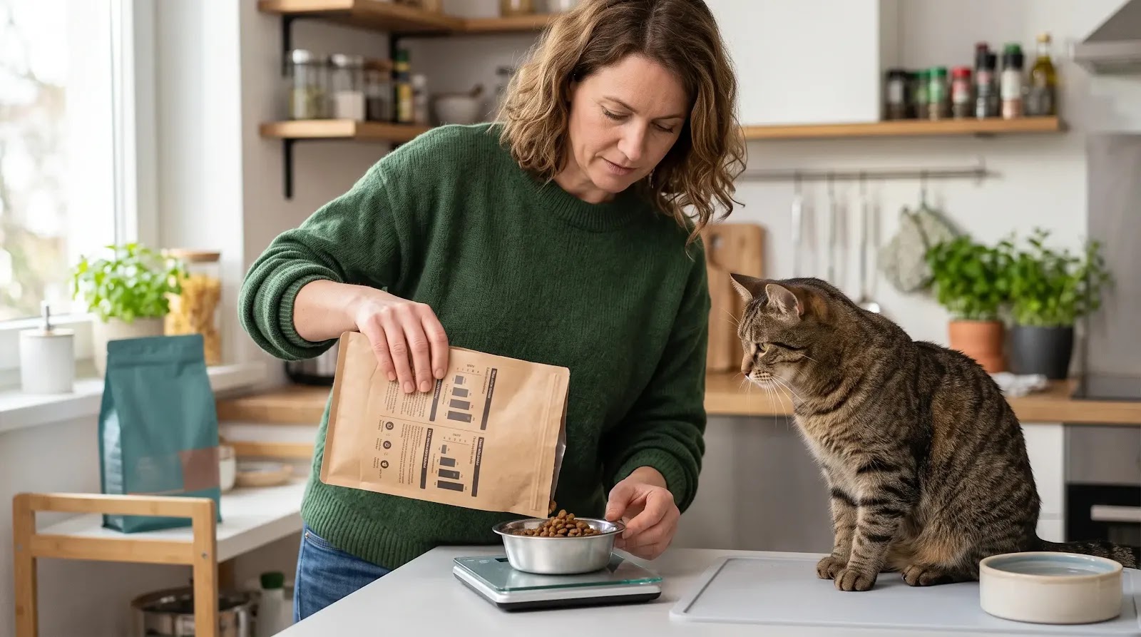 Using Calories and Life Stage to Portion Cat Food Cat owner measuring food while checking calorie and life-stage information on the package