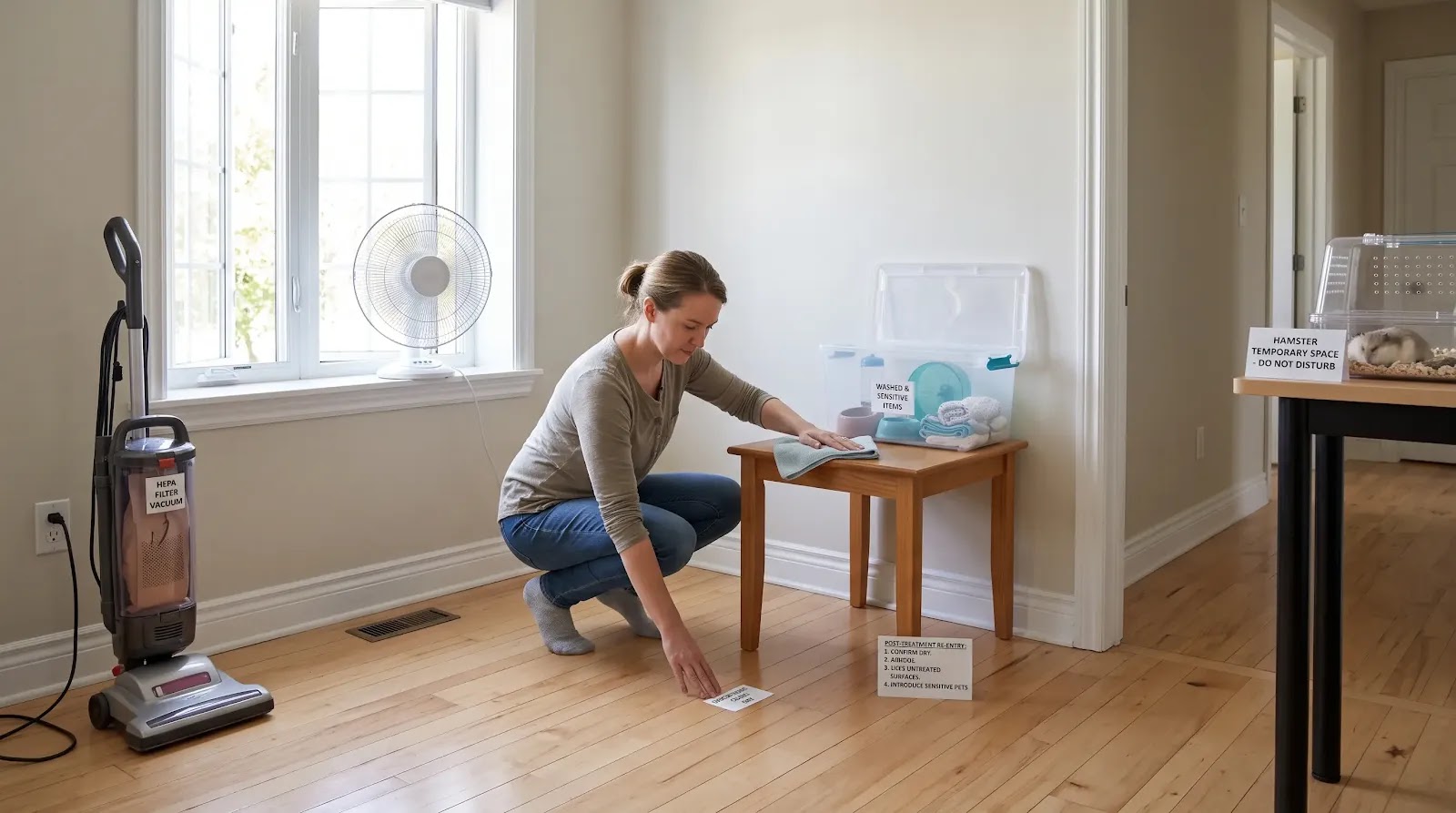 Safe Re-Entry After Household Flea Treatment Owner checking a dry treated room before returning hamster supplies and enclosure
