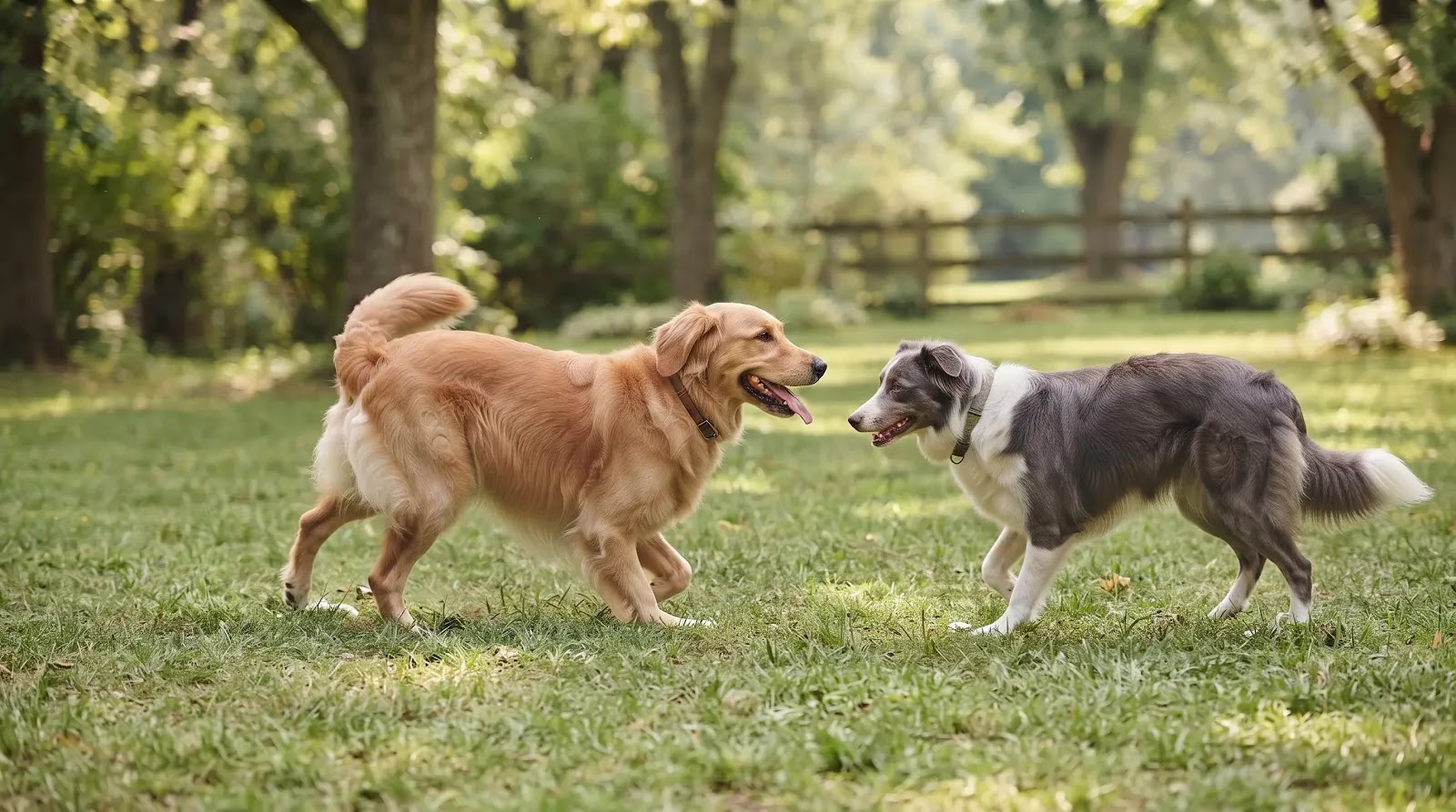 Loose Give-and-Take During Dog Play Two dogs moving with loose body language during balanced social play